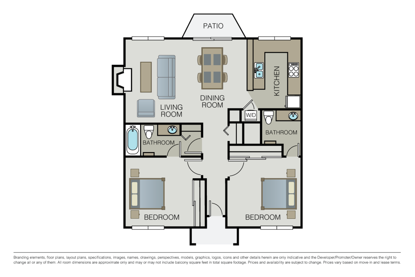Floorplan diagram for 2 Bed 2 Bath, showing 2 bedroom