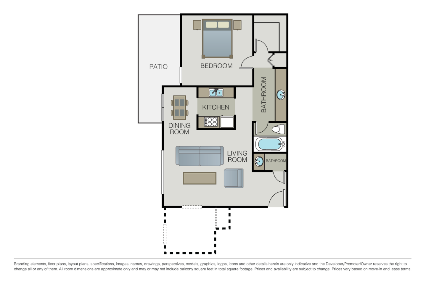 Floorplan diagram for The Miramar + Den, showing 1 bedroom