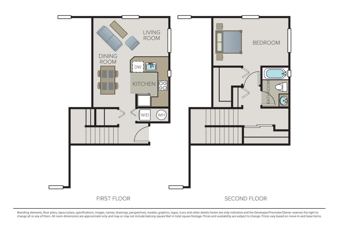 Floorplan diagram for 1 Bed 1 Bath Townhome, showing 1 bedroom