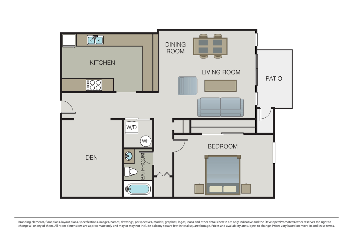 Floorplan diagram for Plan 1E + Den, showing 1 bedroom
