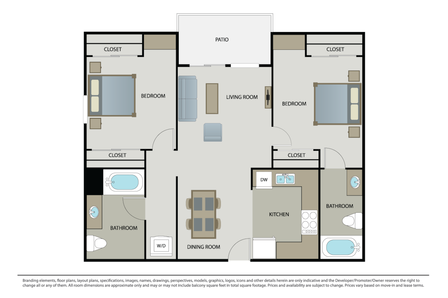 Floorplan diagram for 2 Bed 2 Bath (B1+B2), showing 2 bedroom