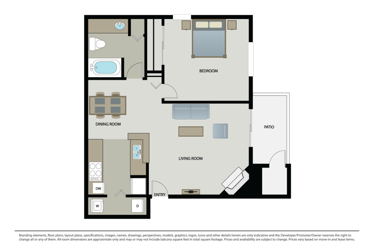 Floorplan diagram for 1 Bed 1 Bath L, showing 1 bedroom