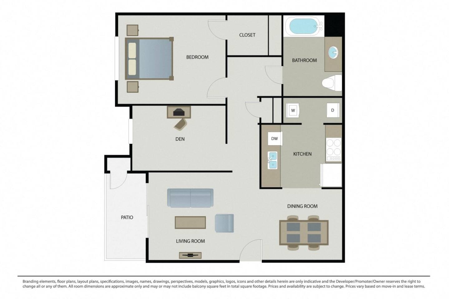 Floorplan diagram for Bella Cielo + Den, showing 1 bedroom