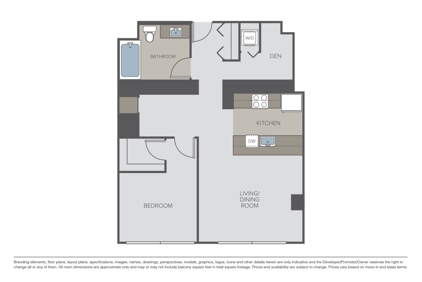 Floorplan diagram for Plan 1E + Den, showing 1 bedroom