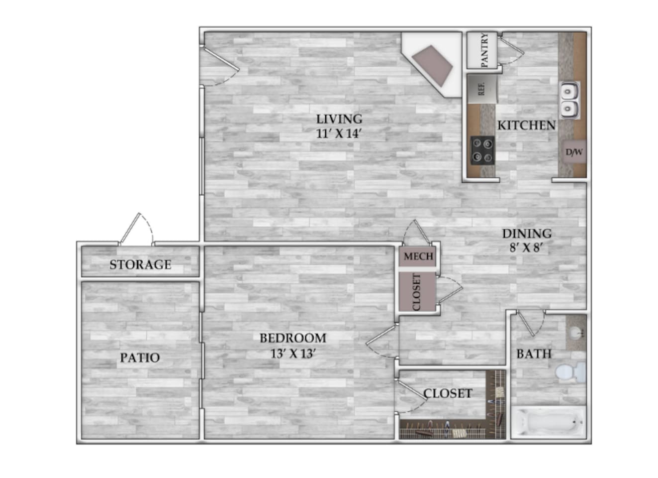 Floorplan diagram for 1x1 671 SF, showing 1 bedroom