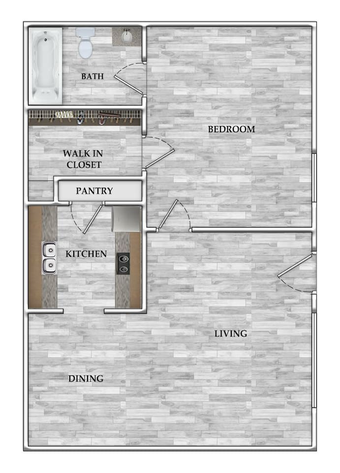 Floorplan diagram for 1x1 520 SF, showing 1 bedroom