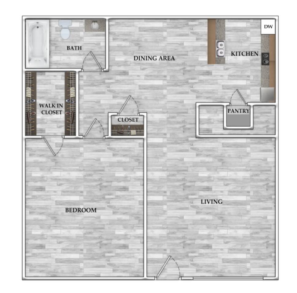 Floorplan diagram for 1x1 682 SF, showing 1 bedroom