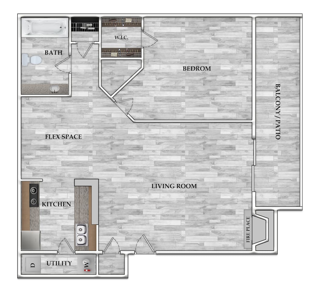 Floorplan diagram for 1x1 650 SF, showing 1 bedroom