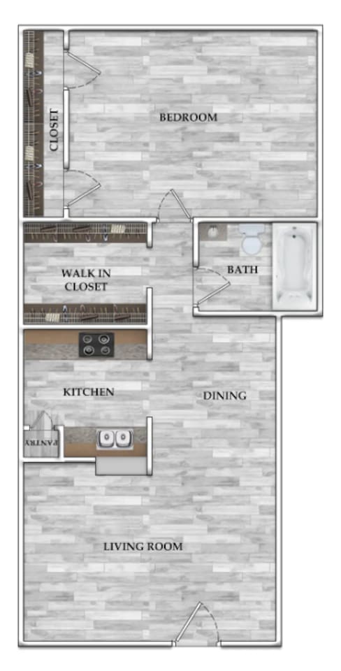 Floorplan diagram for 1x1 668 SF, showing 1 bedroom