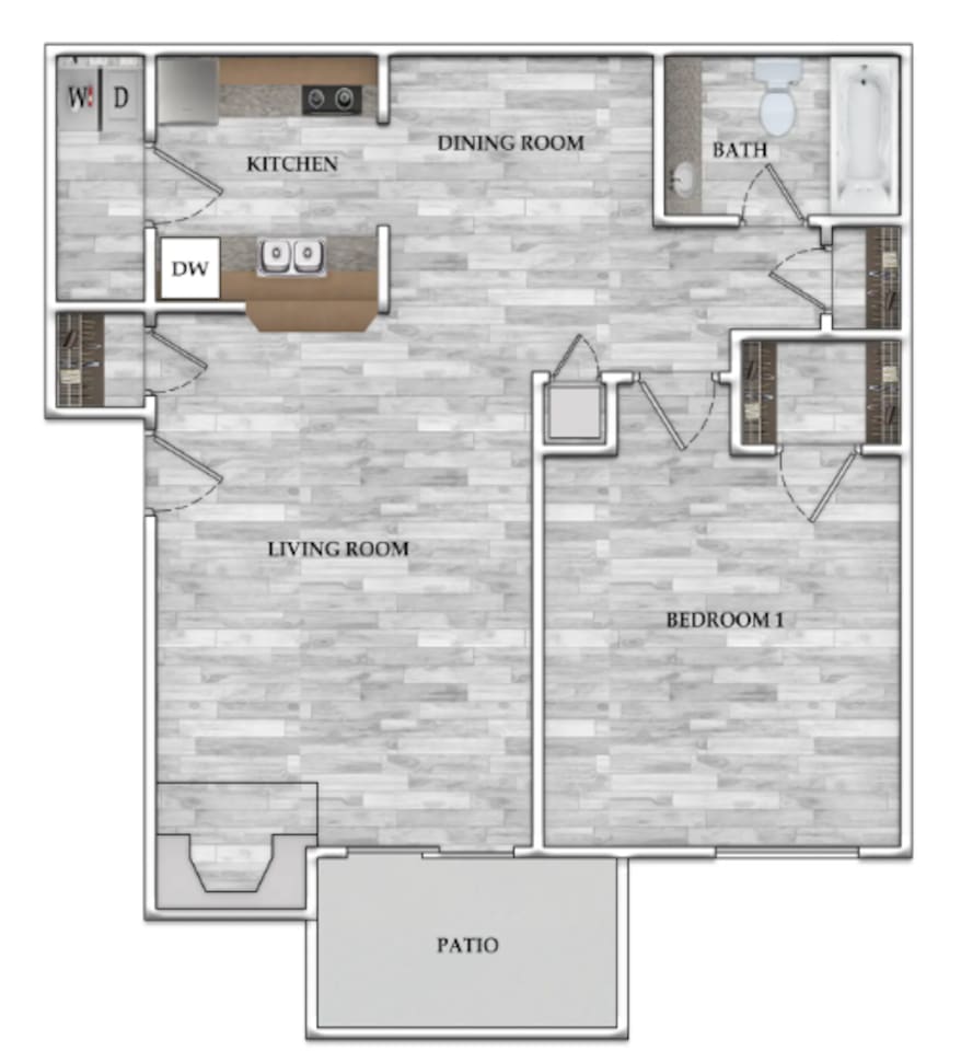 Floorplan diagram for 1x1 638 SF, showing 1 bedroom