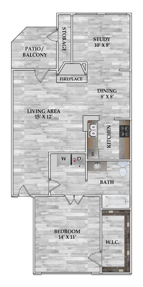 Floorplan diagram for 1x1 838 SF, showing 1 bedroom