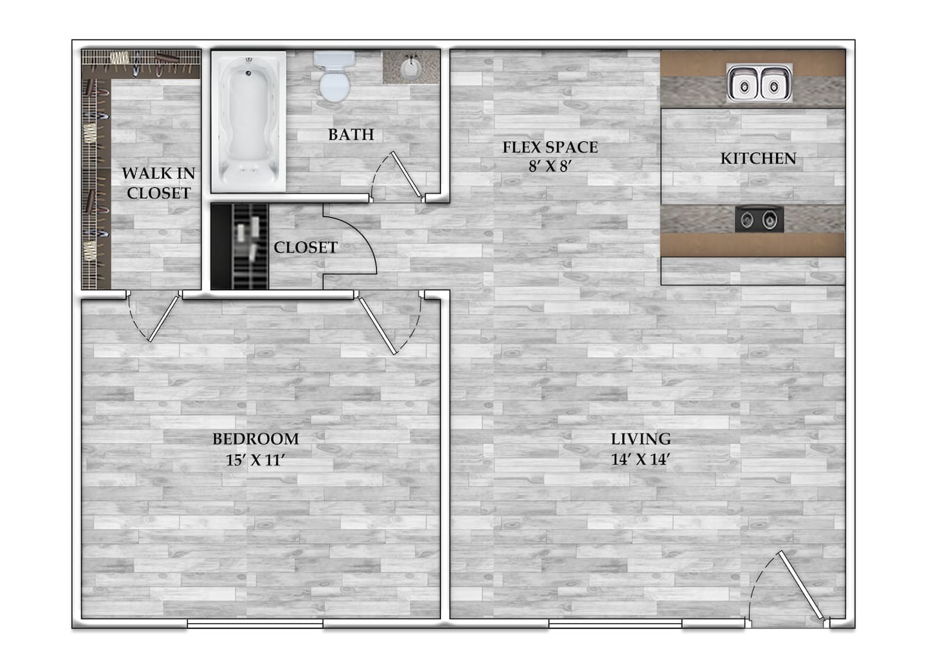 Floorplan diagram for 1x1 643 SF, showing 1 bedroom