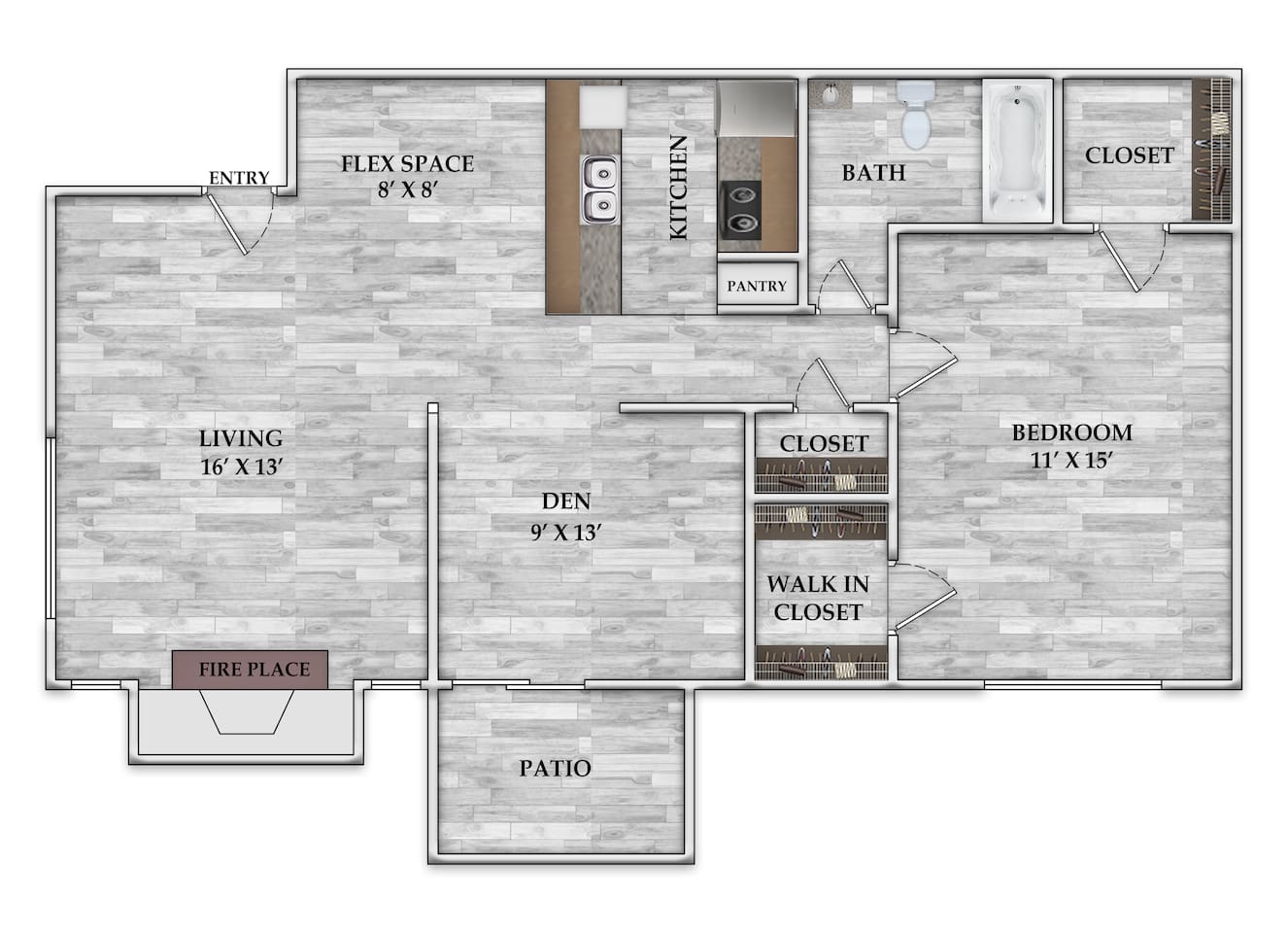 Floorplan diagram for 1x1 815 SF, showing 1 bedroom
