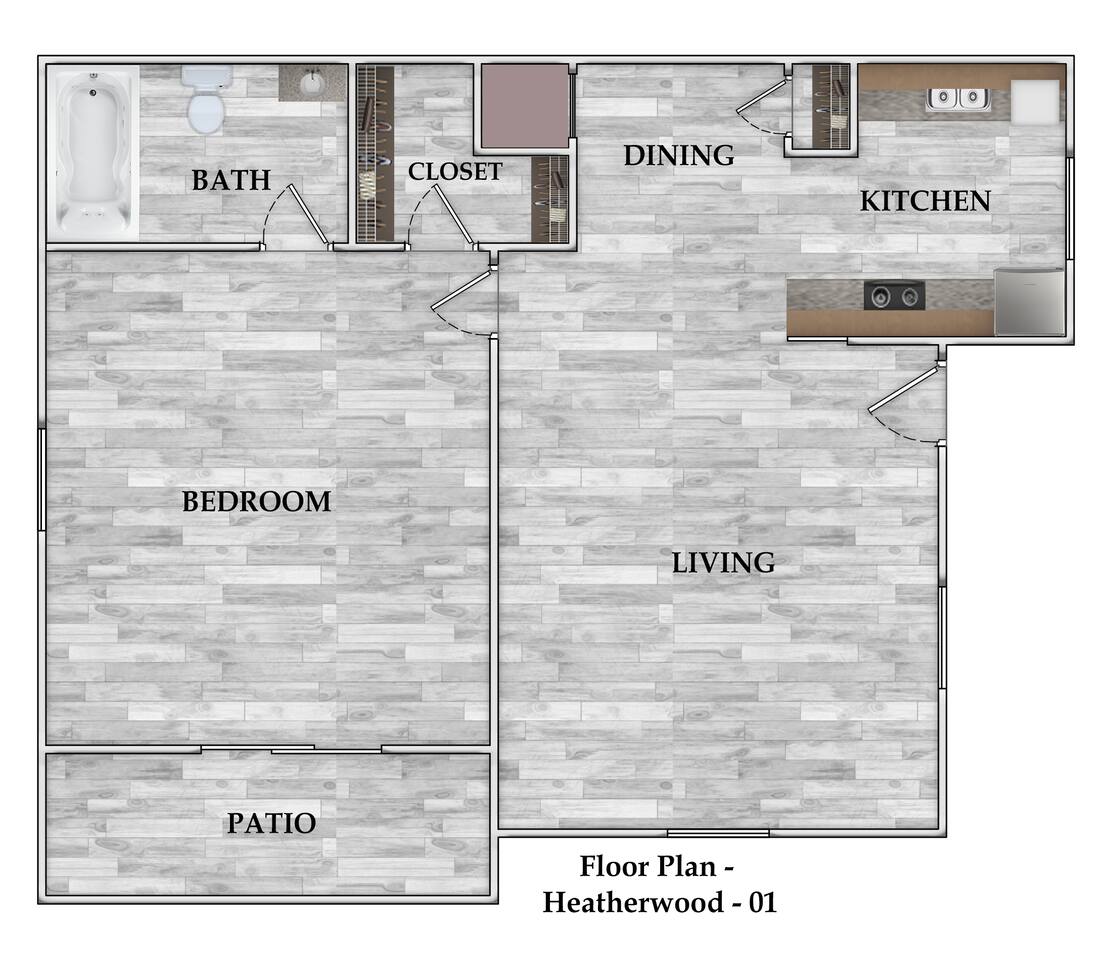 Floorplan diagram for 1x1 519 SF, showing 1 bedroom