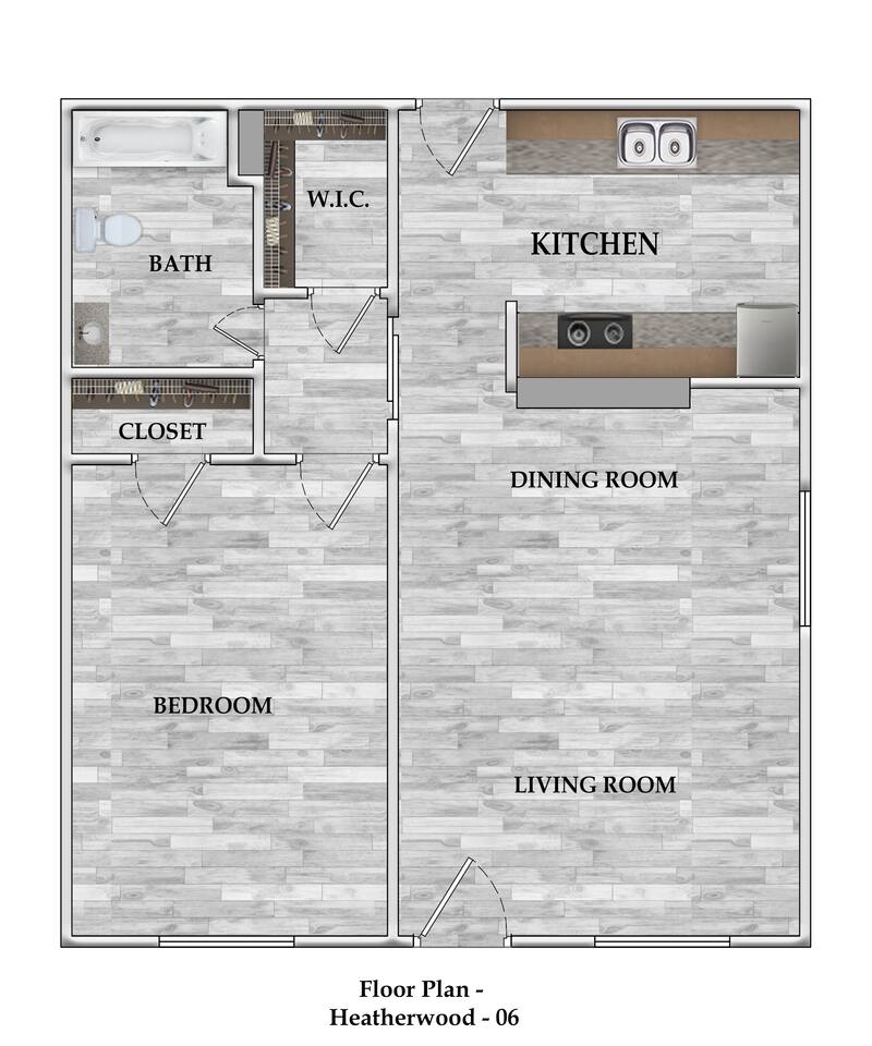 Floorplan diagram for 1x1 670 SF, showing 1 bedroom