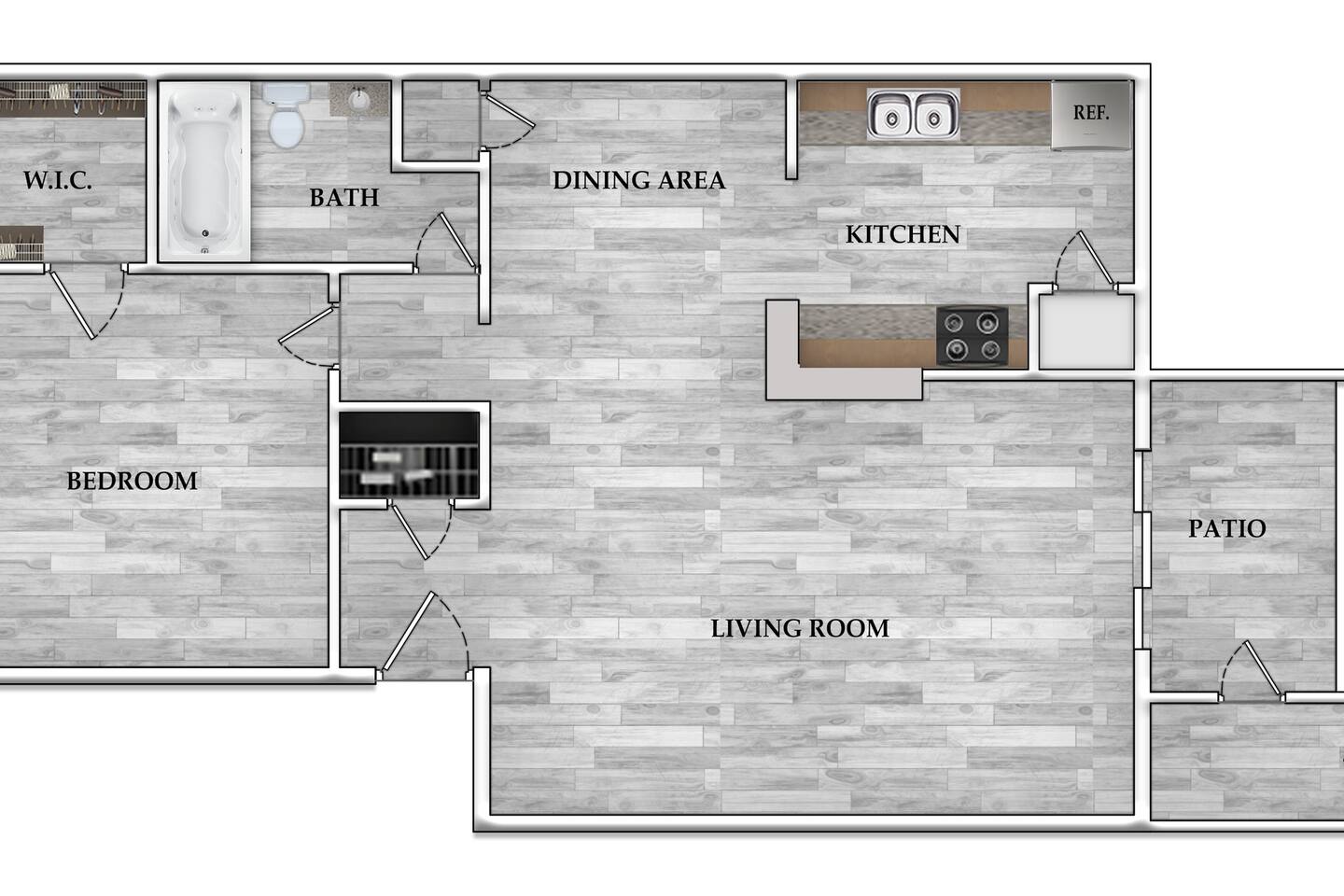 Floorplan diagram for 1x1 614 SF, showing 1 bedroom