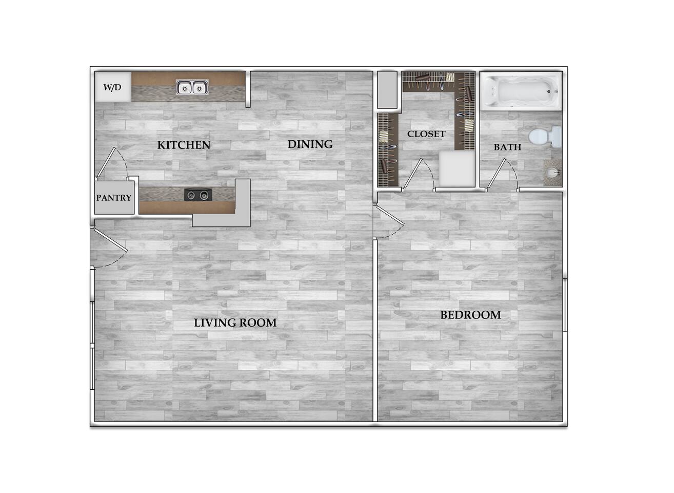 Floorplan diagram for 1x1 706 SF, showing 1 bedroom