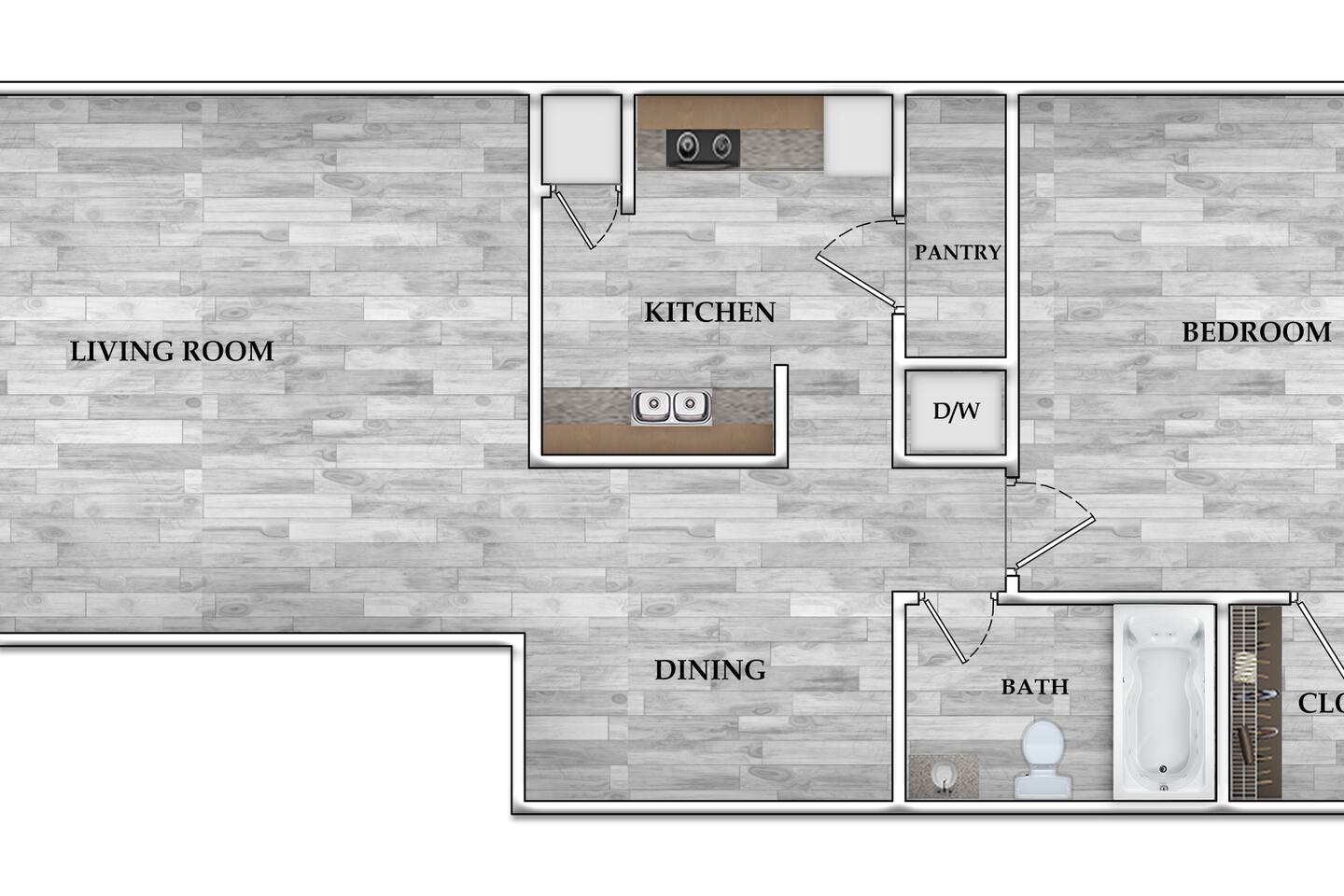 Floorplan diagram for 1x1 712 SF, showing 1 bedroom