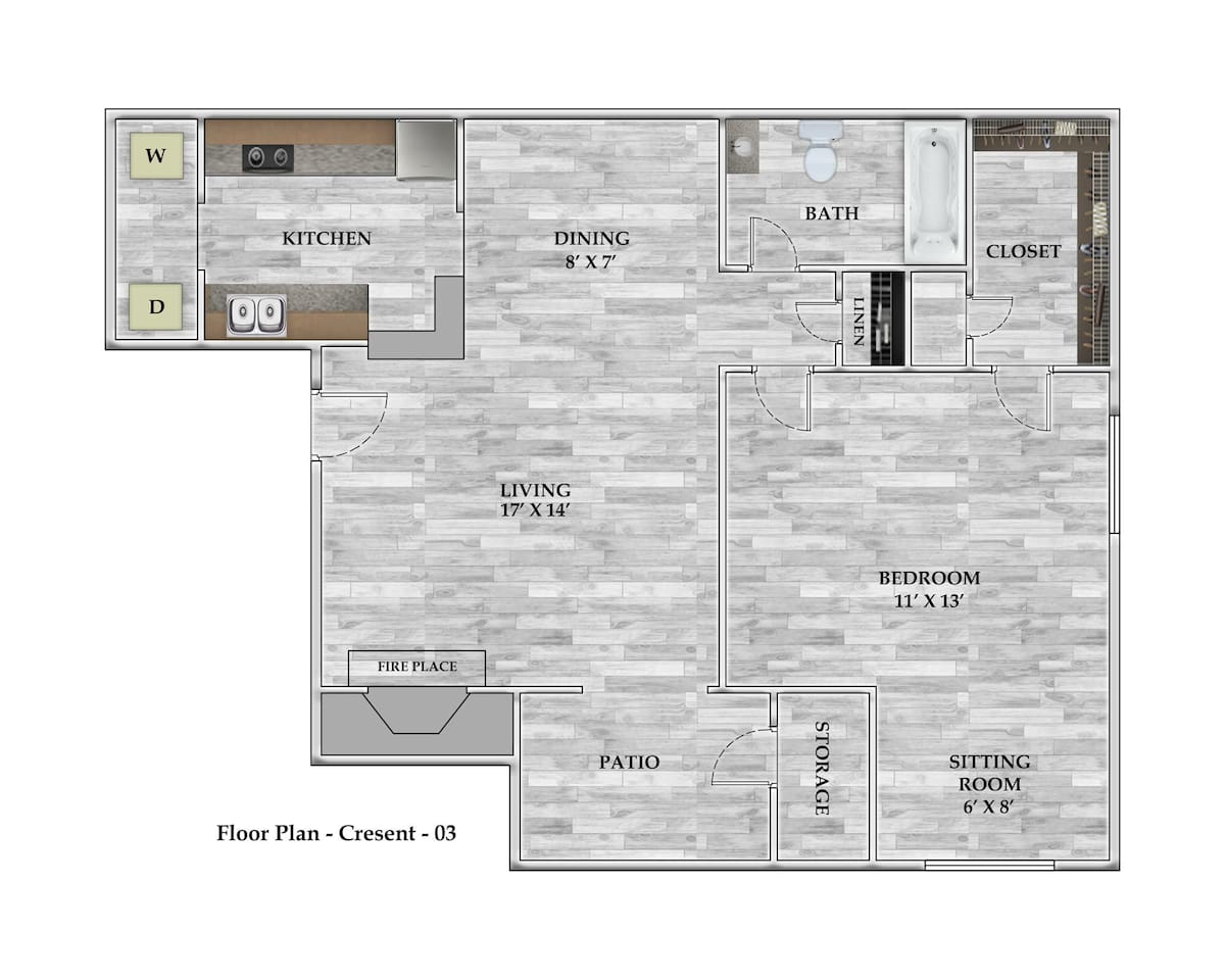 Floorplan diagram for 1x1 718 SF, showing 1 bedroom