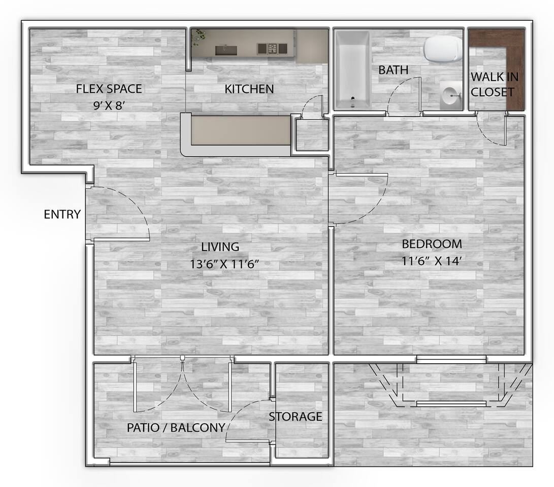 Floorplan diagram for 1x1 577 SF, showing 1 bedroom