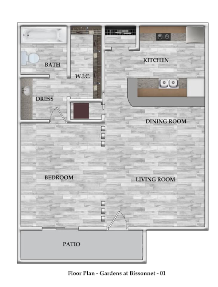 Floorplan diagram for 1x1 546 SF, showing 1 bedroom