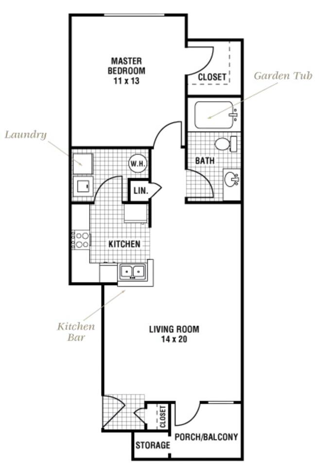 Floorplan diagram for Pebble Beach, showing 1 bedroom