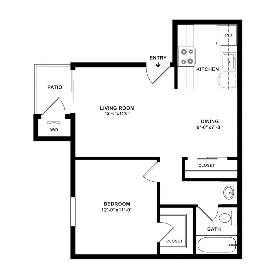 Floorplan diagram for One Bedroom, showing 1 bedroom