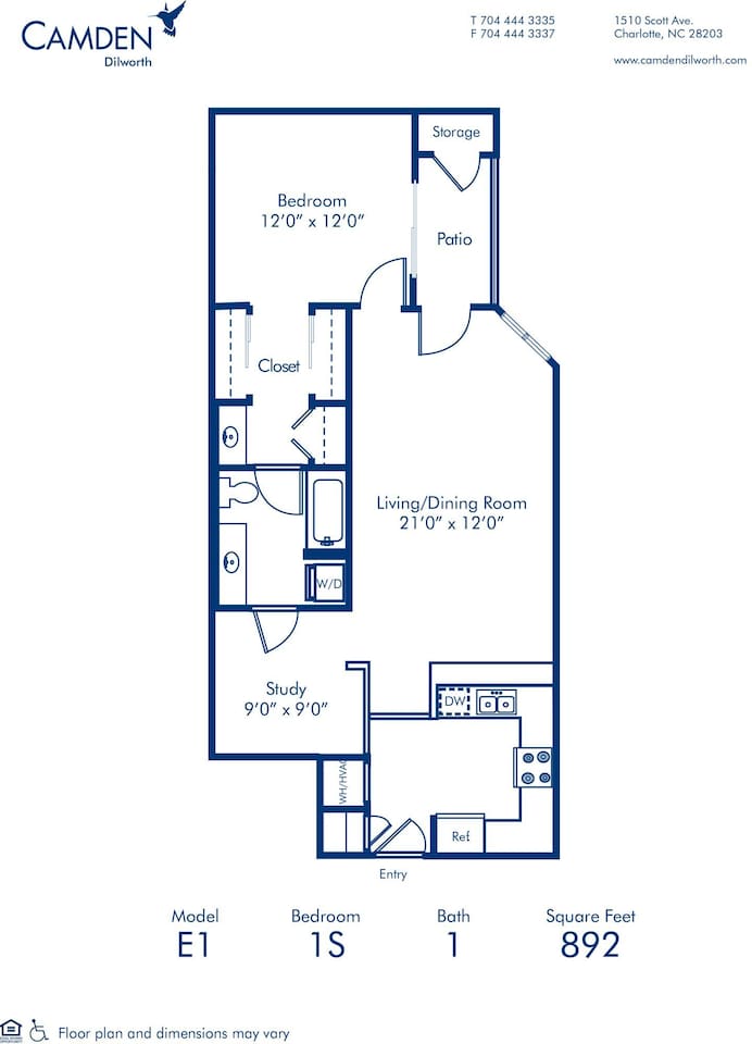 Floorplan diagram for E1, showing 1 bedroom