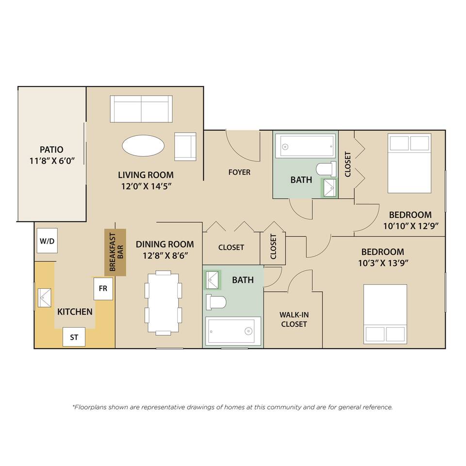 Floorplan diagram for 2 Bedroom / 2 Bath - R, showing 2 bedroom