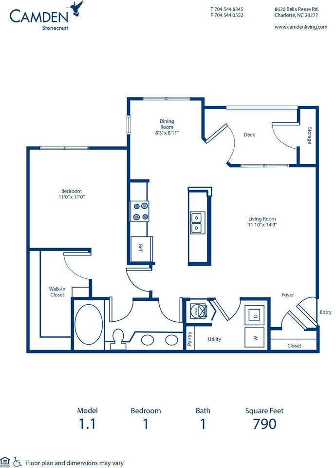 Floorplan diagram for 1.1, showing 1 bedroom