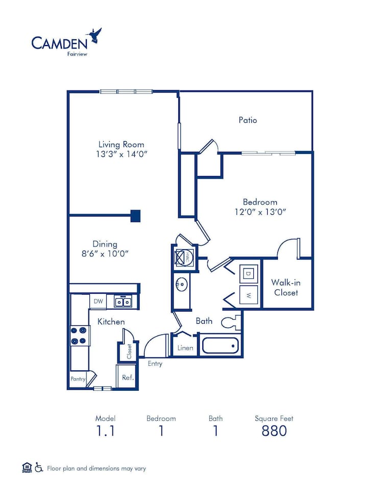 Floorplan diagram for 1.1, showing 1 bedroom