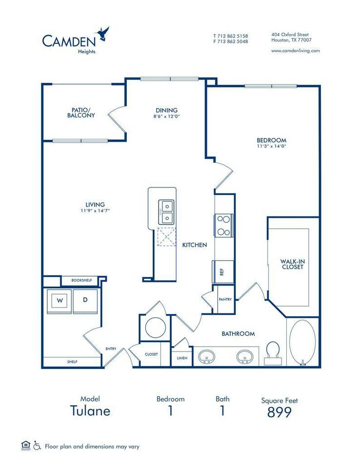 Floorplan diagram for The Tulane, showing 1 bedroom