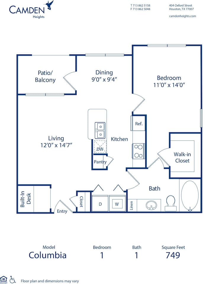 Floorplan diagram for The Columbia, showing 1 bedroom