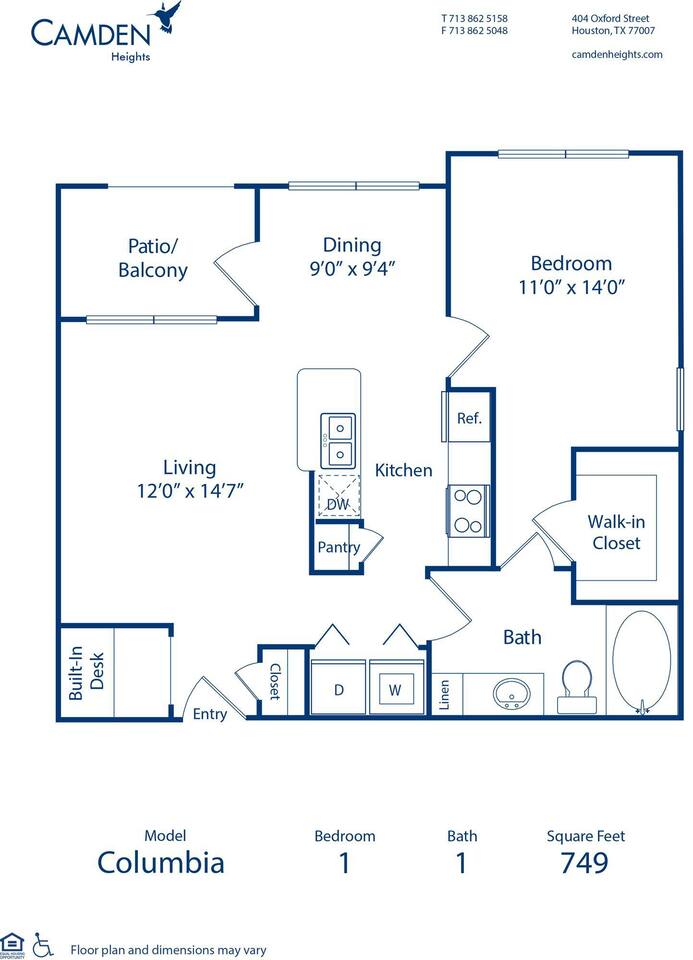Floorplan diagram for The Columbia, showing 1 bedroom
