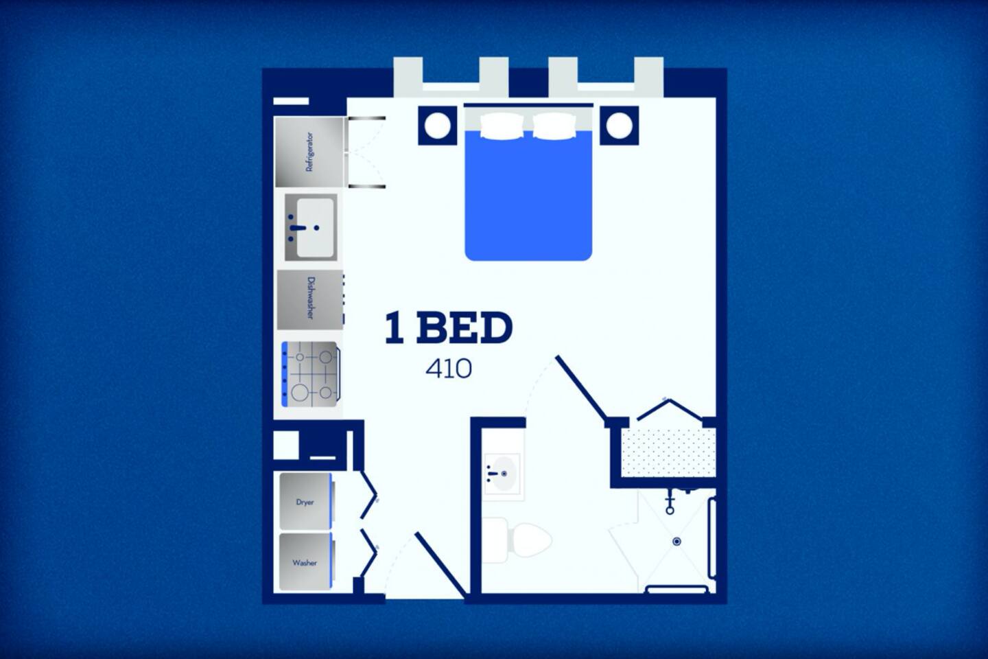 Floorplan diagram for 410, showing Studio