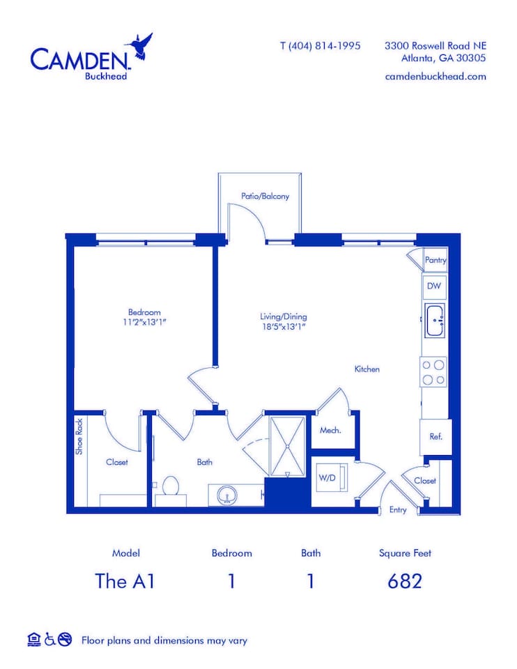 Floorplan diagram for The A1, showing 1 bedroom