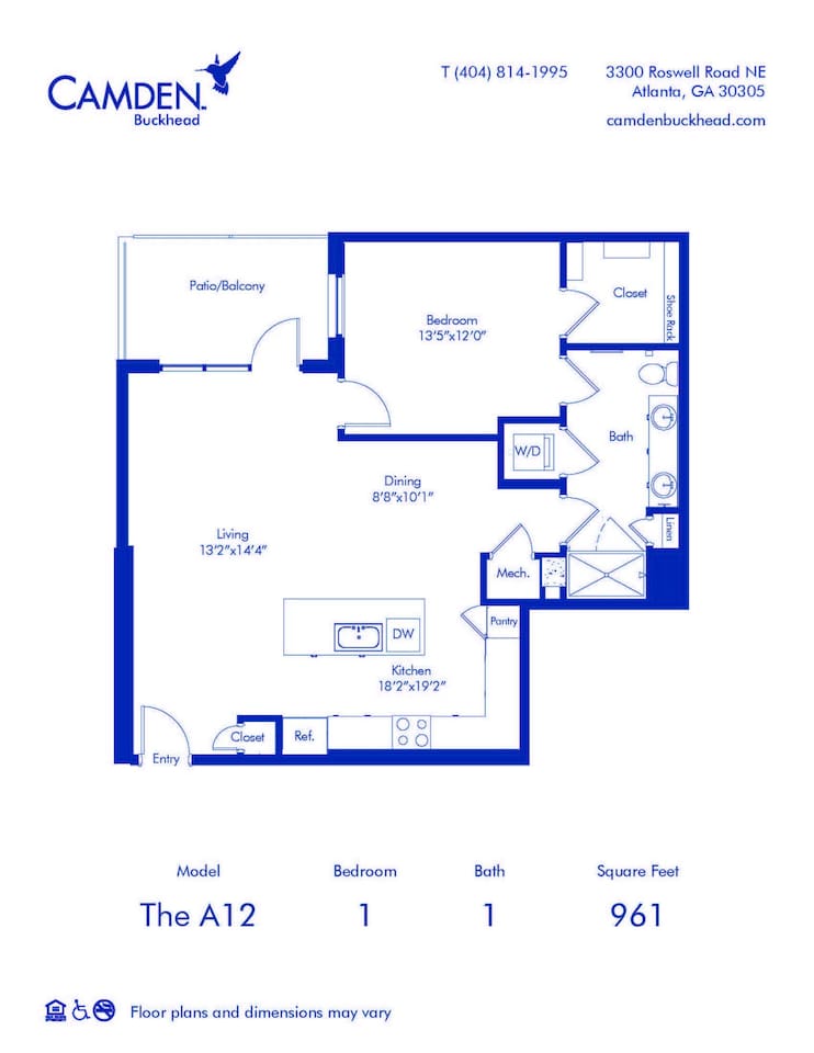 Floorplan diagram for The A12, showing 1 bedroom