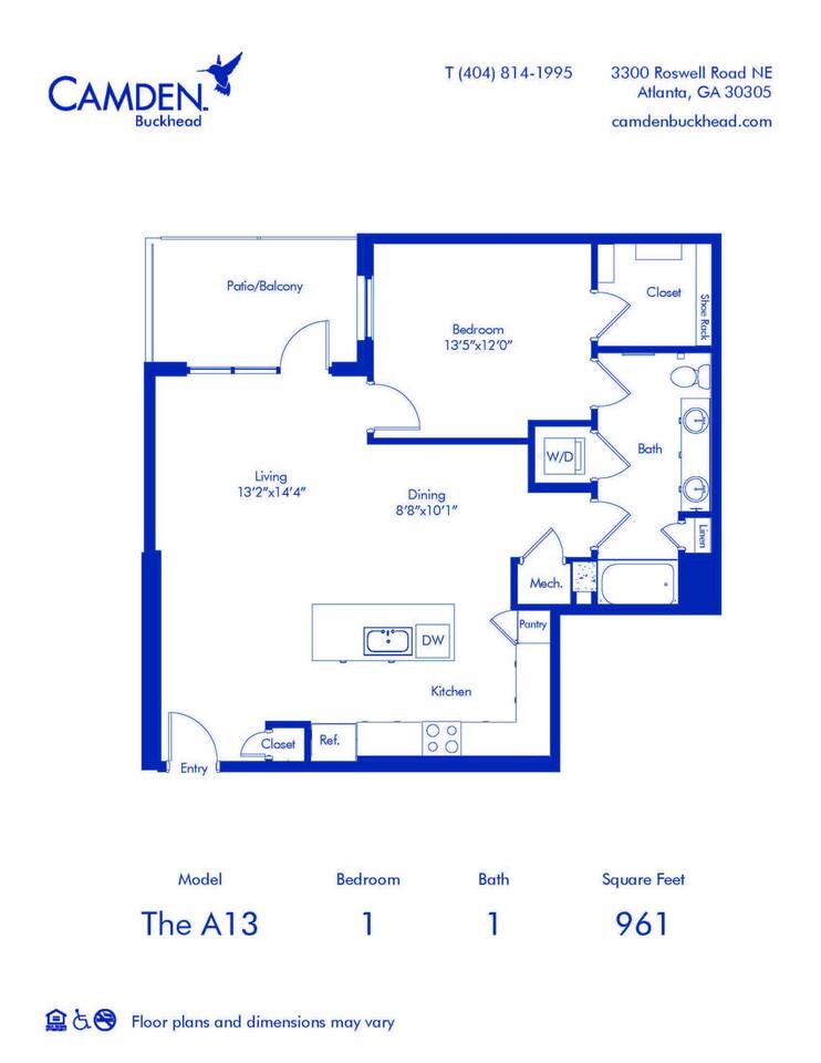 Floorplan diagram for The A13, showing 1 bedroom