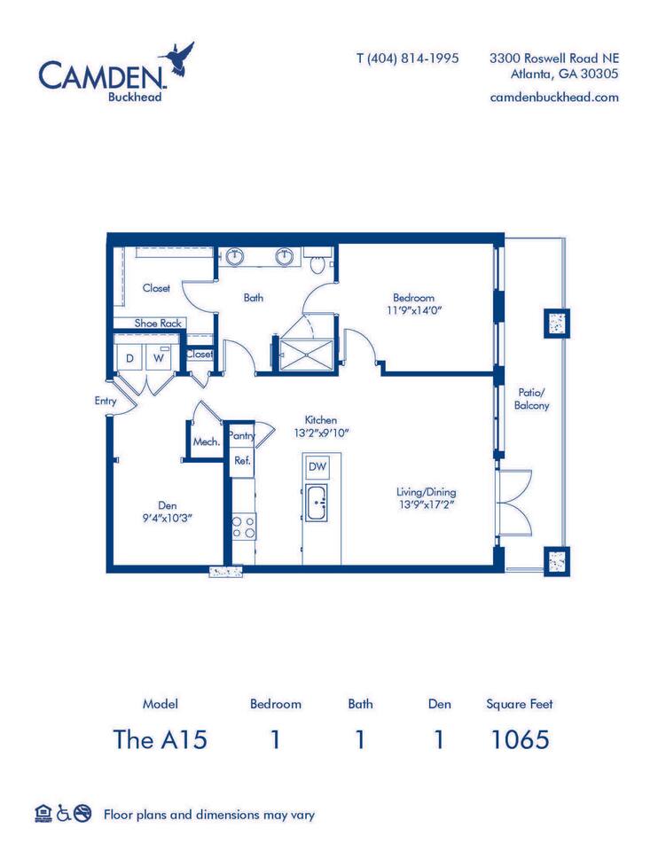 Floorplan diagram for The A15, showing 1 bedroom