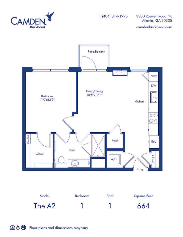 Floorplan diagram for The A2, showing 1 bedroom