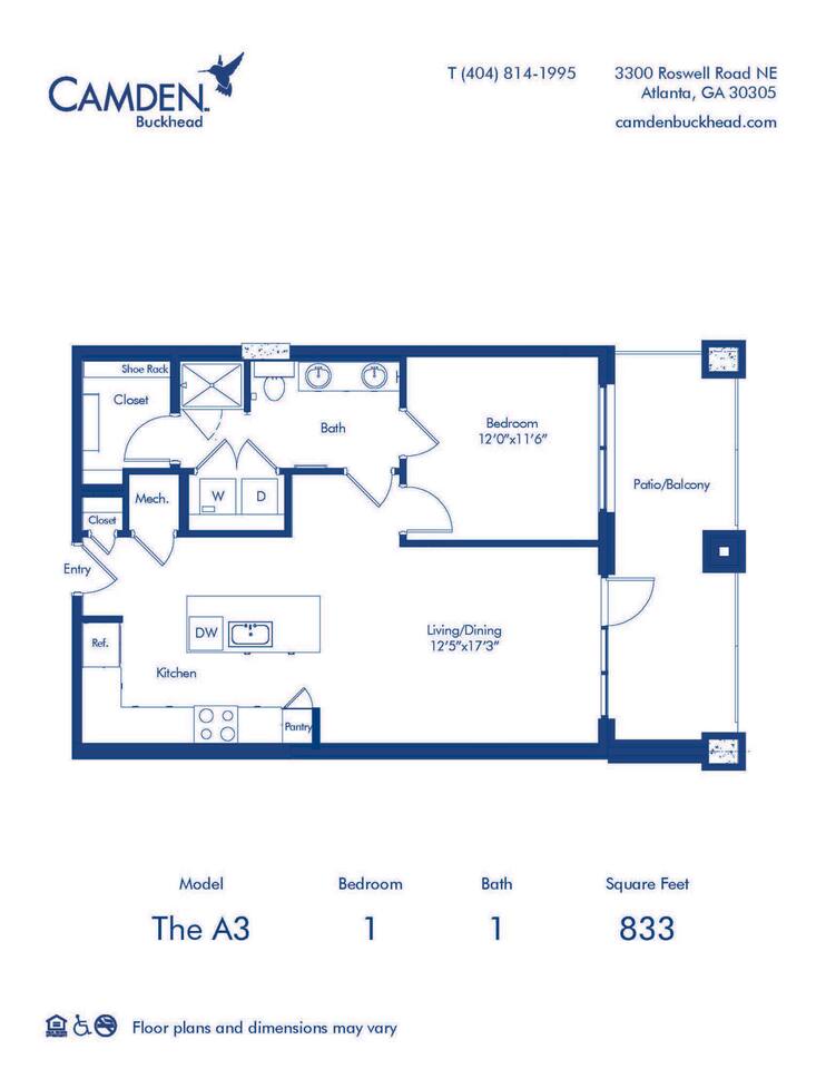 Floorplan diagram for The A3, showing 1 bedroom