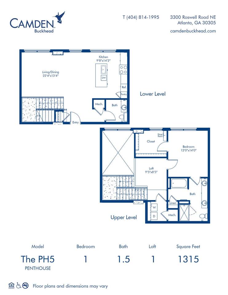 Floorplan diagram for The PH5, showing 1 bedroom