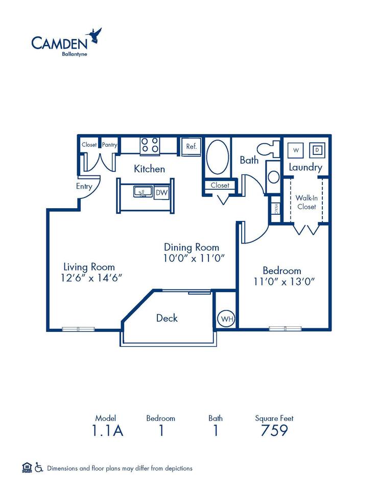 Floorplan diagram for 1.1A, showing 1 bedroom
