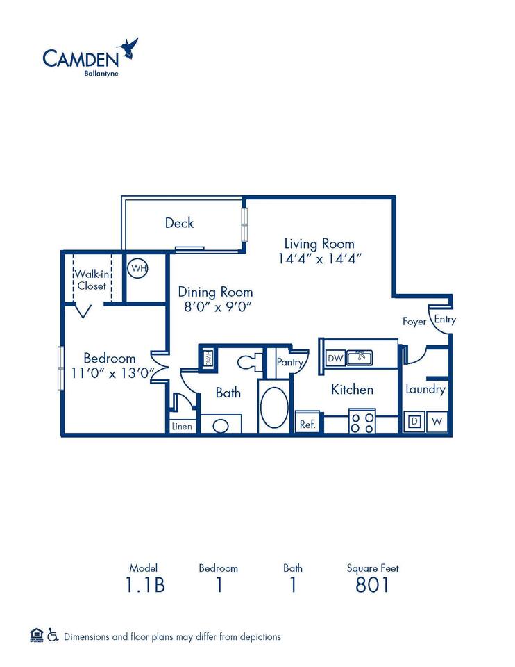 Floorplan diagram for 1.1B, showing 1 bedroom