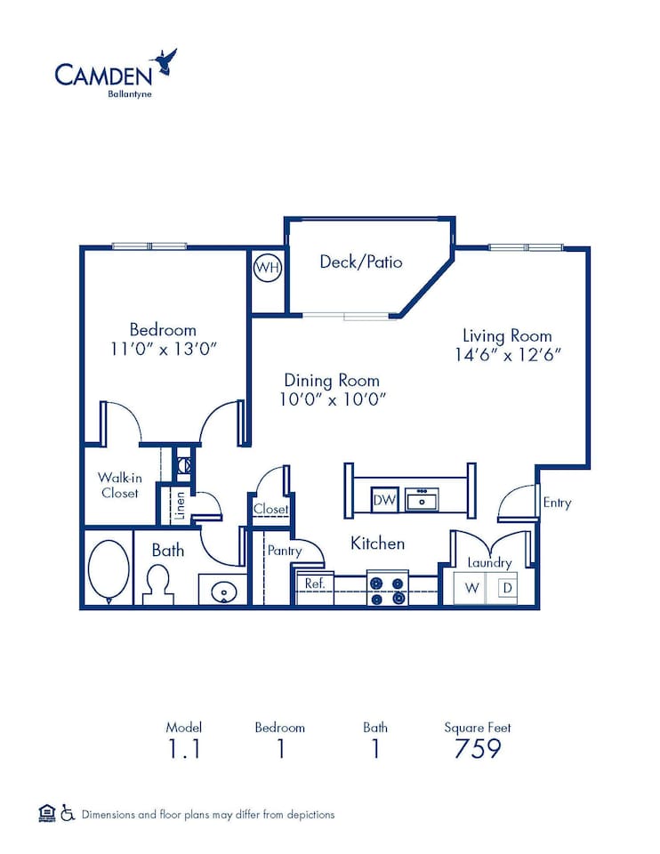 Floorplan diagram for 1.1, showing 1 bedroom