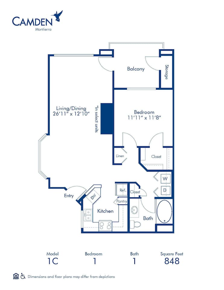 Floorplan diagram for 1C, showing 1 bedroom
