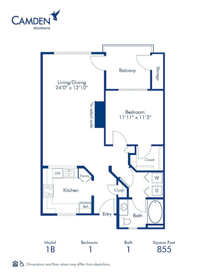 Floorplan diagram for 1B, showing 1 bedroom