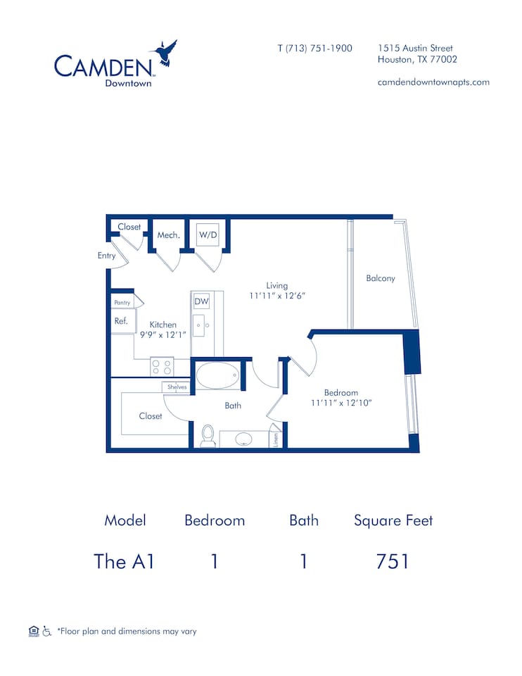 Floorplan diagram for The A1, showing 1 bedroom