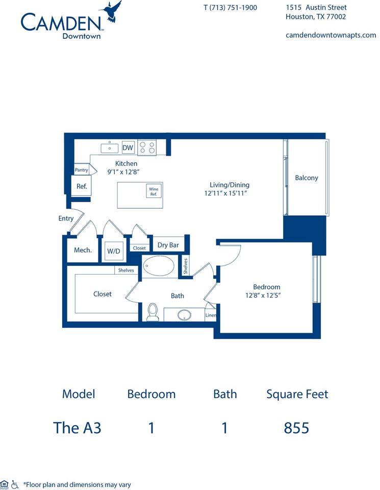 Floorplan diagram for The A3, showing 1 bedroom