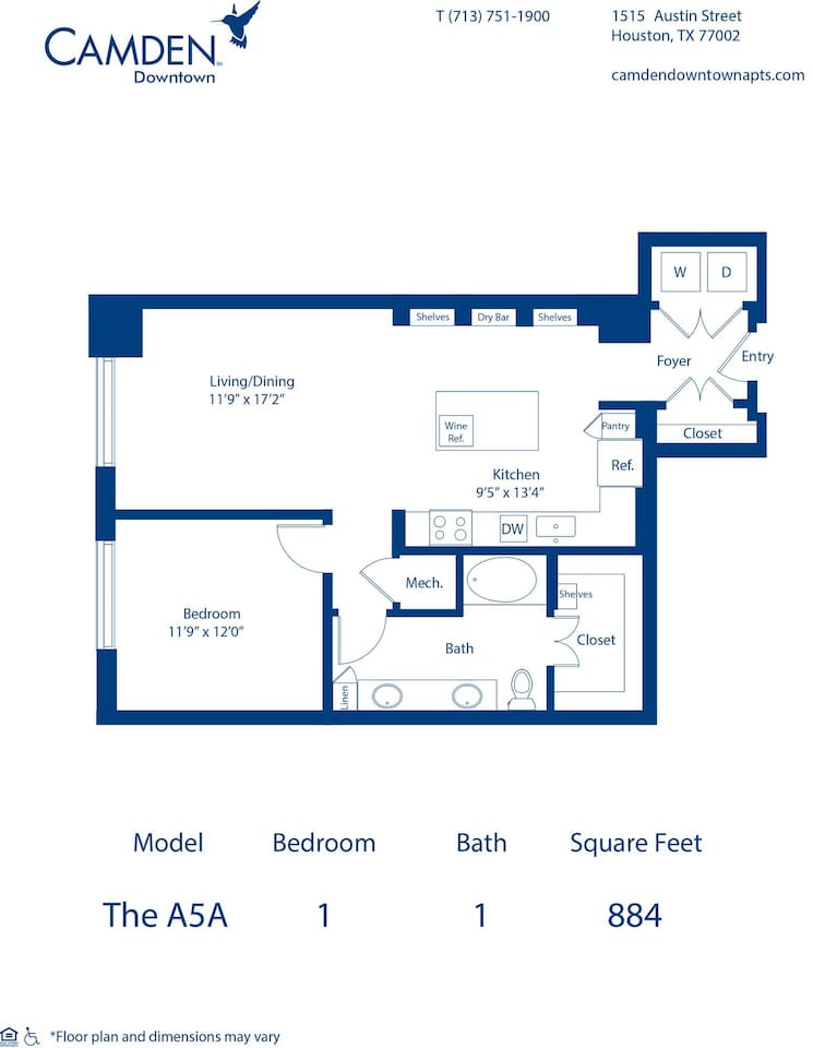 Floorplan diagram for The A5, showing 1 bedroom